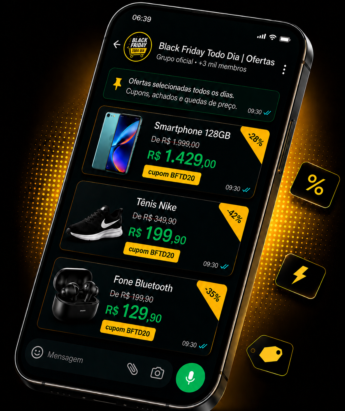 Celular mostrando ofertas selecionadas no grupo Black Friday Todo Dia Ofertas